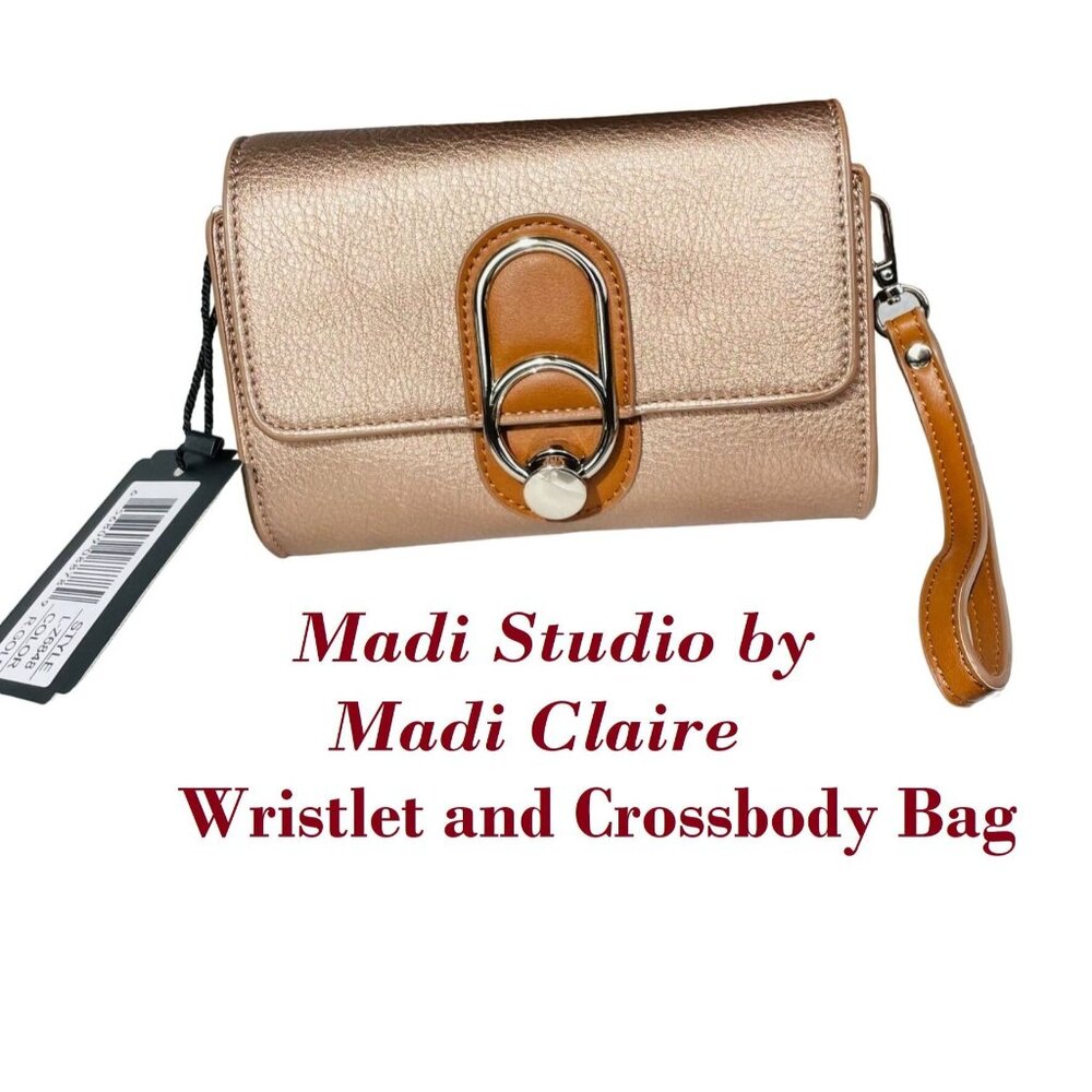 Madi Claire Madi Studio Layla Crossbody Wristlet Bag Purse in Metallic Rose Gold
